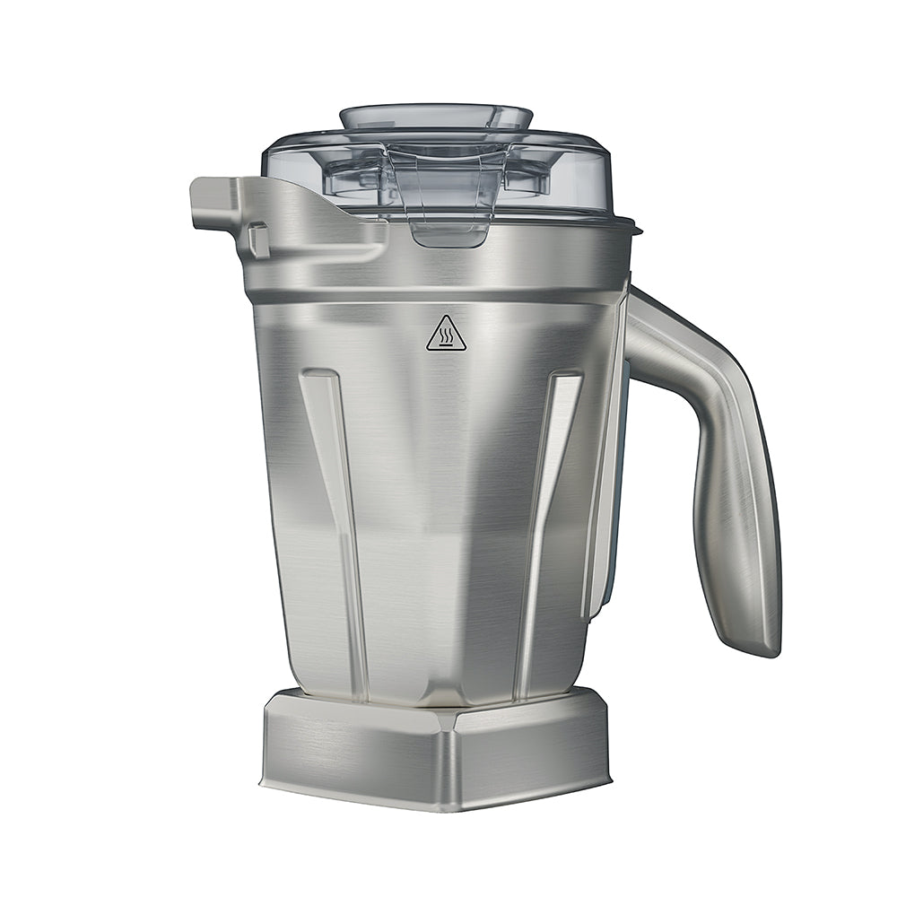 Stainless steel blender container on a white background