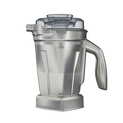 Stainless steel blender container on a white background