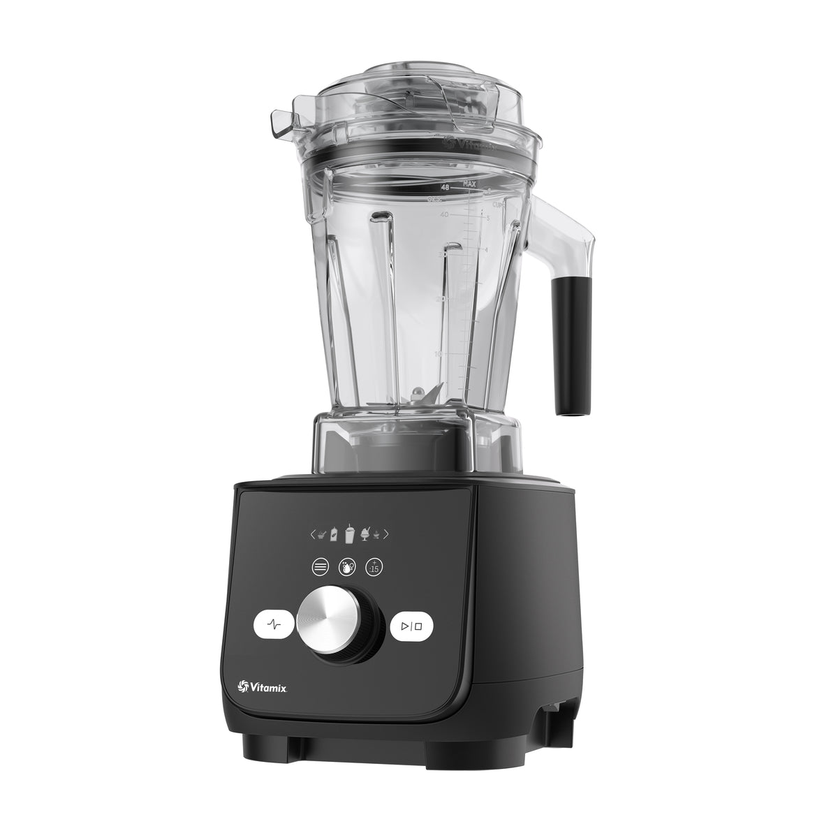 Black Vitamix Ascent X5 blender with a clear container and li on a white background