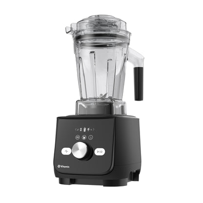 Black Vitamix Ascent X5 blender with a clear container and li on a white background