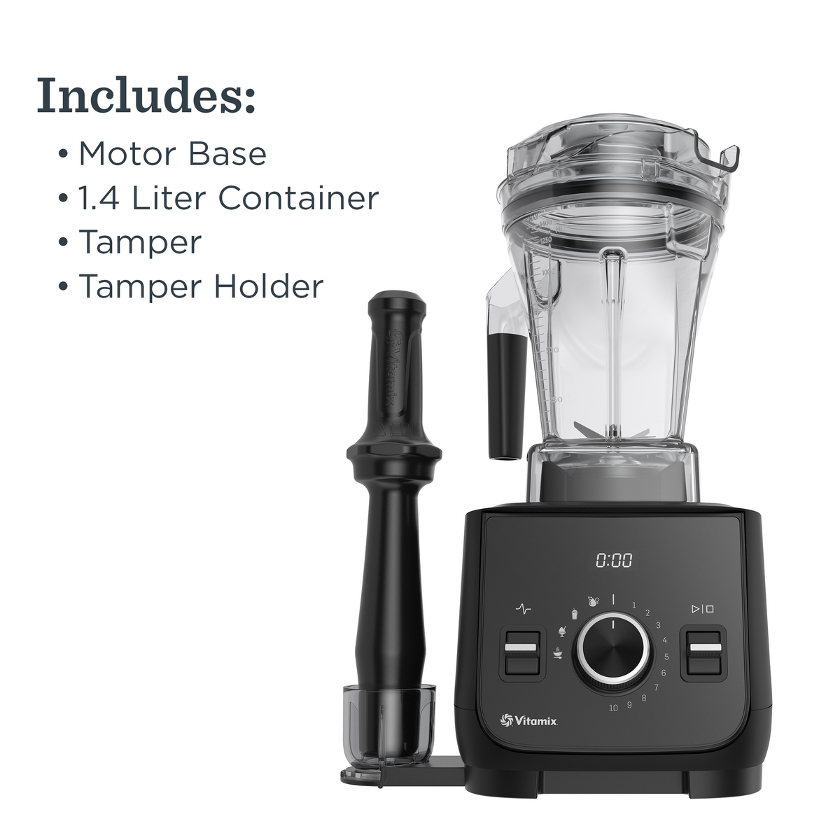 Black Vitamix Ascent X blender with tamper and components listed on a white background