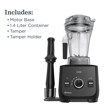 Black Vitamix Ascent X blender with tamper and components listed on a white background