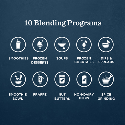 A dark blue textured graphic with the title '10 Blending Programs' and ten white circular icons with labels for blending functions: smoothies, frozen desserts, soups, frozen cocktails, dips & spreads, smoothie bowl, frappé, nut butters, non-dairy milks, and spice grinding.