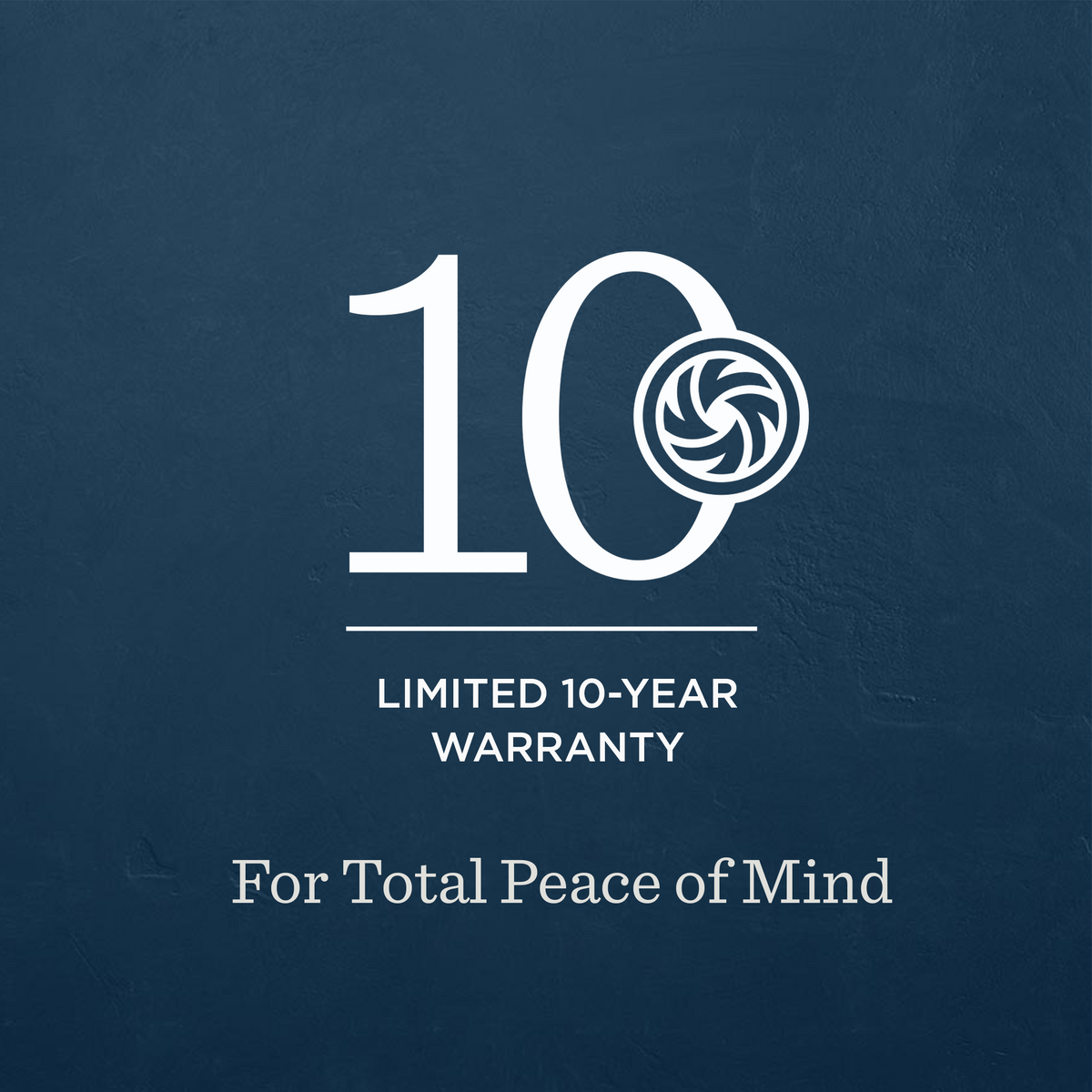 A dark blue textured background with white text reading ' 10-YEAR LIMITED WARRANTY For Total Peace of Mind' and a circular icon integrated into the number 10.