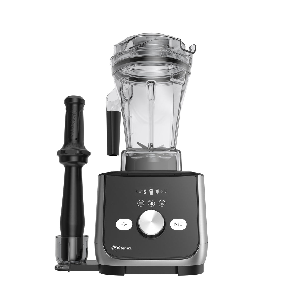 Vitamix Ascent X5 blender with a clear container, black and silver base, and a black tamper accessory, shown on a solid white background.