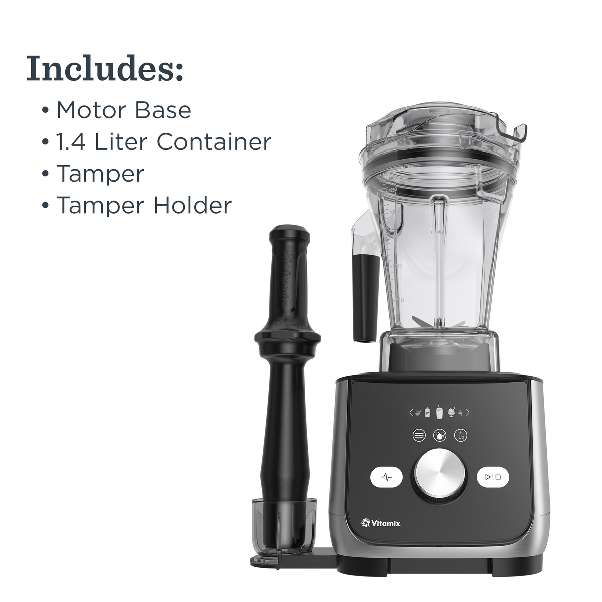 Black and silver Vitamix Ascent X5 blender with included items listed on a white background