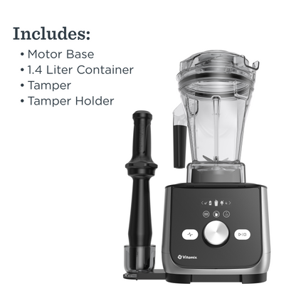 Black and silver Vitamix Ascent X5 blender with included items listed on a white background