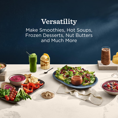 Table with various food items and drinks with a blue background and text about versatility.